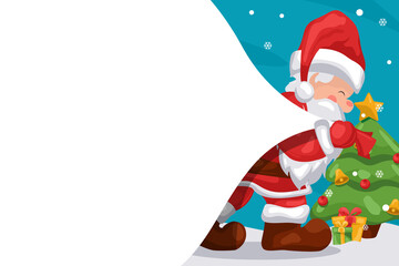 Merry christmas background with santa claus pulling gift bag. Christmas banner with space for text with transparent background