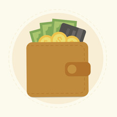 Brown wallet with green paper money, golden coins money and credit card. Cash and credit card stick out of the wallet. Online payment concept. Vector