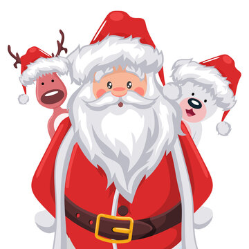 Santa claus with reindeer and snow bear for merry christmas card with transparent background