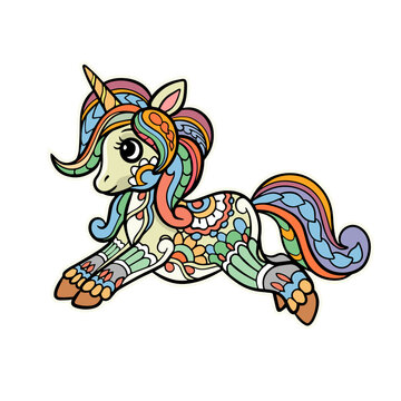 Colorful cute Unicorn cartoon mandala arts isolated on white background