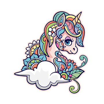 Colorful cute Unicorn cartoon mandala arts isolated on white background