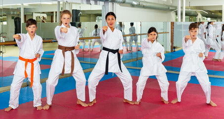 Schoolchilds are practicing new technique by repeating for the female trainer in karate class