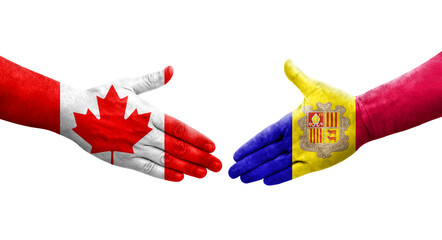 Handshake between Andorra and Canada flags painted on hands, isolated transparent image.