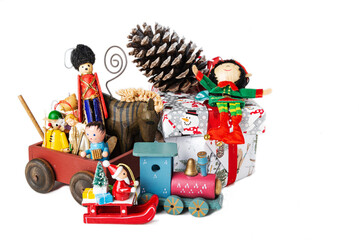 Vintage wooden christmas toys isolated on white background