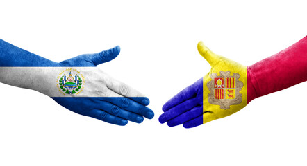 Handshake between Andorra and El Salvador flags painted on hands, isolated transparent image.