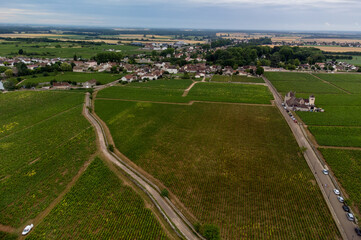 Panoramic view on grand cru vineyards in Côte-d'Or Burgundy winemaking region, Bourgogne-Franche-Comté, France