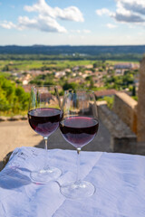 Glass of red dry wine and ruins of medieval castle of Châteauneuf-du-Pape ancient wine making village in France