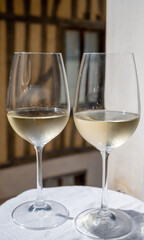 Tasting of white grand cru classe chablis wine with old French houses on background, Burgundy, France