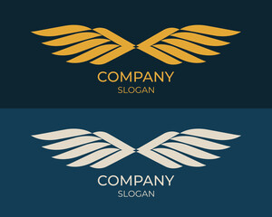 Abstract gold and white luxury wings logo on the dark-blue background. Creative Idea logos designs. Symbol and Icon vector template. - obrazy, fototapety, plakaty