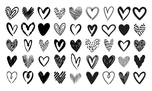 Sketch heart love symbol collection. Hand drawn ink heart shape