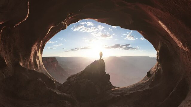 Adventurous Man Hiker standing in a cave with Rocky Mountains in background. Adventure Composite. 3d Rendering Peak. Background Landscape Image from America. Sunset Cloudy Sky