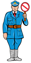 retro style illustration of a policeman or police officer with stop sign standing front view