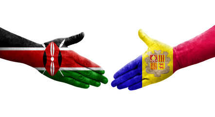 Handshake between Andorra and Kenya flags painted on hands, isolated transparent image.
