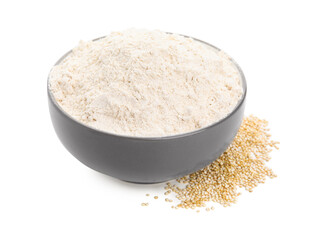 Bowl with quinoa flour and grains on white background