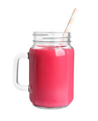 Mason jar of tasty raspberry smoothie on white background