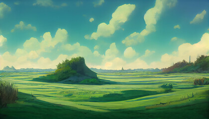 landscape with trees and clouds, manga, anime, comic style