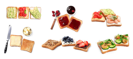 Set of different toasts on white background. Banner design