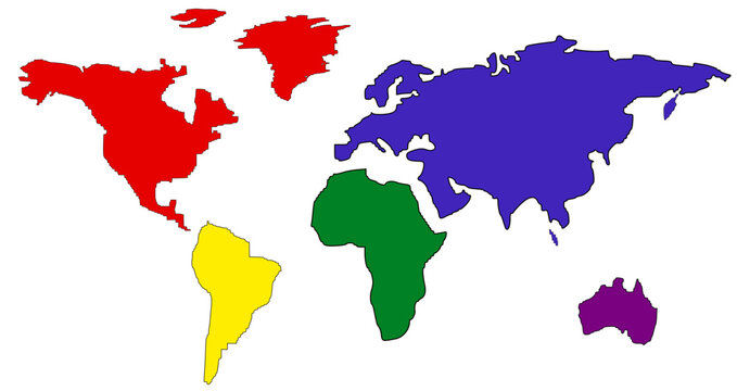 
World map with colored continents without description. Each continent has a specific color. Each continent is separated by layers to be modified.