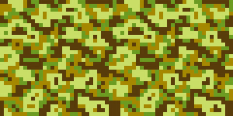 Pixel camouflage, seamless pattern, army camouflage background, military uniform, clothes for a soldier. Green and brown spots, khaki, abstraction. Stock vector illustration.