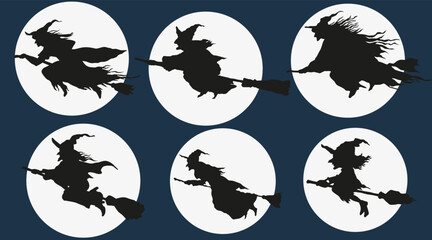 Halloween set stickers witches on broom