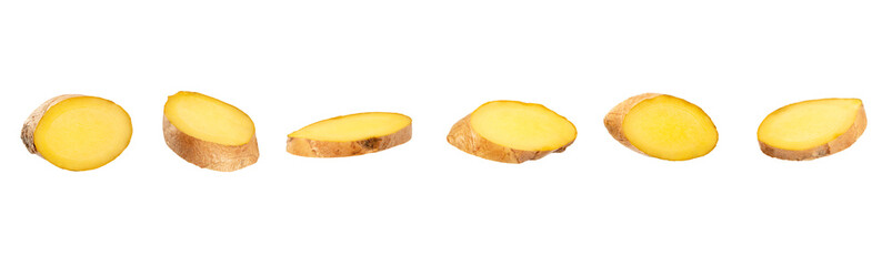 Set of Ginger slices isolated on white background.