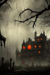 Huge, pointy black towers thrust up into the sky. A full moon hangs low in the orange-tinted night sky. Thick fog curls around the base of the castle like a snake ready to strike.