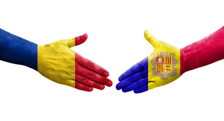 Handshake between Andorra and Romania flags painted on hands, isolated transparent image.