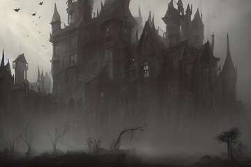 The Halloween scary castle is looming in the distance, its dark towers reaching up into the night sky. There's a feeling of unease in the air, and you can't help but shiver as you look at it.