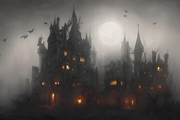 Fototapeta premium The Halloween scary castle is a spooky place that is perfect for some scares on the holiday. The castle has a dark and foreboding atmosphere, and it looks like it would be full of ghosts and ghouls.