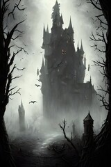 The Halloween scary castle is a huge, dark, and spooky place. It's surrounded by a moat of green slime and there are bats flying around everywhere. The front door is covered in cobwebs and it looks li