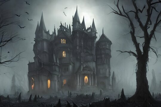 The Halloween scary castle is a spooky, old building made of dark gray stone. It has several towers and pointy roofs, and is surrounded by a moat. There is a drawbridge over the moat, but it