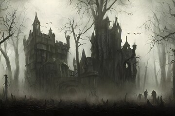 There is a castle in the picture that looks like it would be perfect for Halloween. It is dark and foreboding, with bats flying around it and an eerie mist lurking in the background.