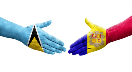 Handshake between Andorra and Saint Lucia flags painted on hands, isolated transparent image.