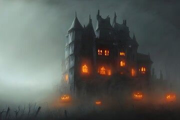 The Halloween scary castle is a spooky sight. It's surrounded by dark trees, and the sky is full of clouds. The castle itself is old and decrepit, with broken windows and cracks in the walls. Cobwebs
