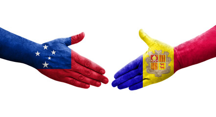 Handshake between Andorra and Samoa flags painted on hands, isolated transparent image.