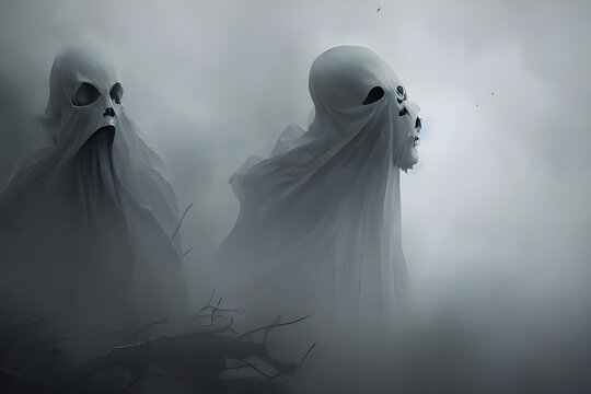 I see some Halloween scary ghosts. They have some spooky black sheets over them. And they're standing in front of a dark, dirty graveyard. I'm not sure if they're friendly ghosts or not...