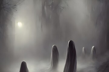 The ghosts are haunting and scary. They're floating around in the air, trying to scare everyone they see. Their eyes are glowing red and their mouths are open wide, showing their sharp teeth. They're 