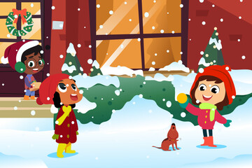 Happy Children Playing Outside During Winter Illustration