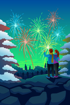 Couple Watching New Year Celebration Fireworks Vector Illustration