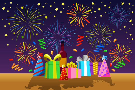 New Year Fireworks Banner Celebration Presents Vector Illustration