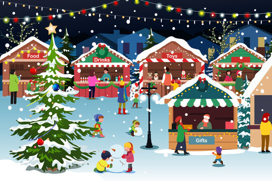 Christmas Holiday Season Outdoor Market Bazaar Vector Illustration