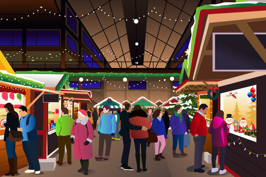 Christmas Holiday Season Indoor Market Bazaar Vector Illustration