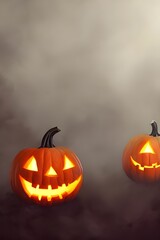 The room is dark and spooky. In the corner, there are three large pumpkins with carved faces. They seem to be laughing at some private joke.