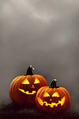 The picture is of two carved pumpkins on a doorstep with a spiderweb. It's nighttime, and the only light is from a streetlamp. The pumpkins have triangular eyes and noses, and their mouths are open wi