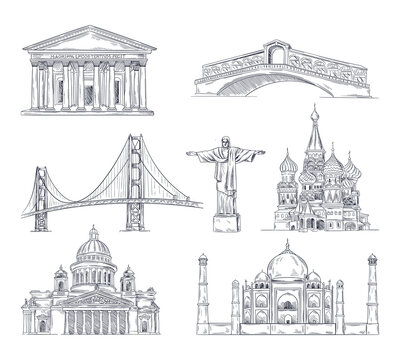 Set Of World Attractions. Linear Sketches Of Various Famous Landmarks. Tourism And Vacation. Statue Of Christ Redeemer, St Basil Cathedral, Taj Mahal. Cartoon Flat Vector Collection Isolated On White