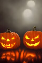 There are three large, orange pumpkins sitting on a wooden porch. All of the Pumpkins have scary carvings on them, such as eyes and teeth. One pumpkin even has a green snake coming out of its mouth!
