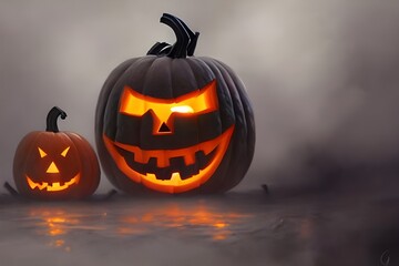 The orange and black pumpkins are carved with spooky faces. They sit on the porch, waiting for trick-or-treaters.