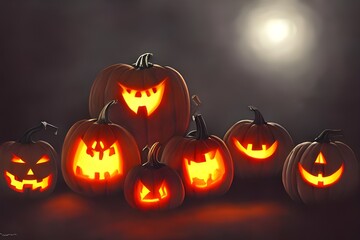 Fototapeta premium The jack-o'-lanterns leer at passersby, their lopsided grins and darkened eye sockets seeming to follow people as they walk by. The orange pumpkins sit on the porch steps, illuminated from within