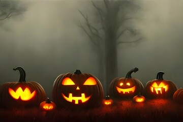 It's Halloween, and these pumpkins are looking pretty scary! They've got mean-looking faces carved into them, and they're all lit up with spooky green lights. Looks like it might be time to start thin