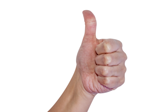 Hand with thumb up isolated on transparent background. Positive gesture.	
